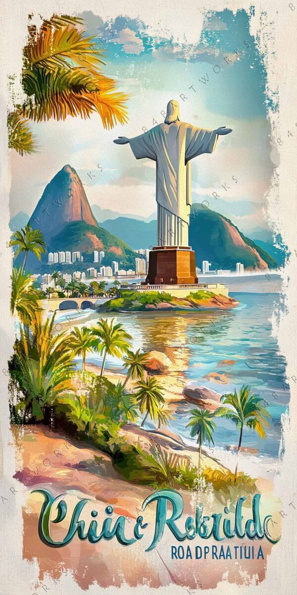 "Colorful digital painting of Rio's Christ the Redeemer with palm trees and mountains."
