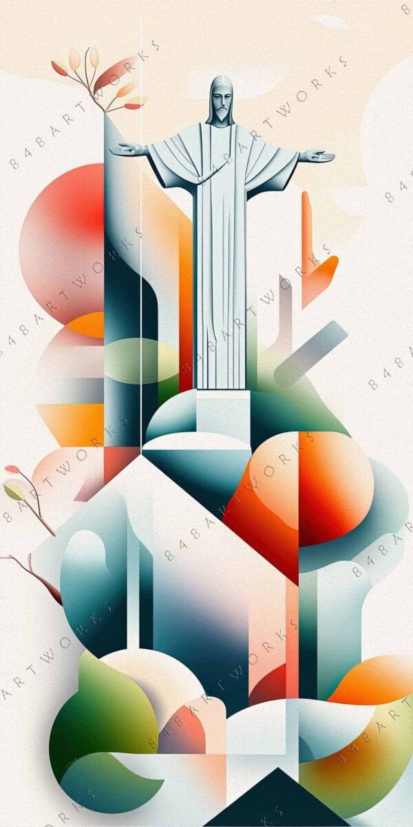 "Geometric digital artwork featuring a statue with vibrant orange and teal shapes."