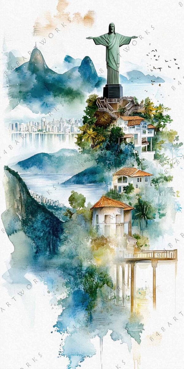 Watercolor painting of Christ the Redeemer with Rio de Janeiro landscape in blue hues.