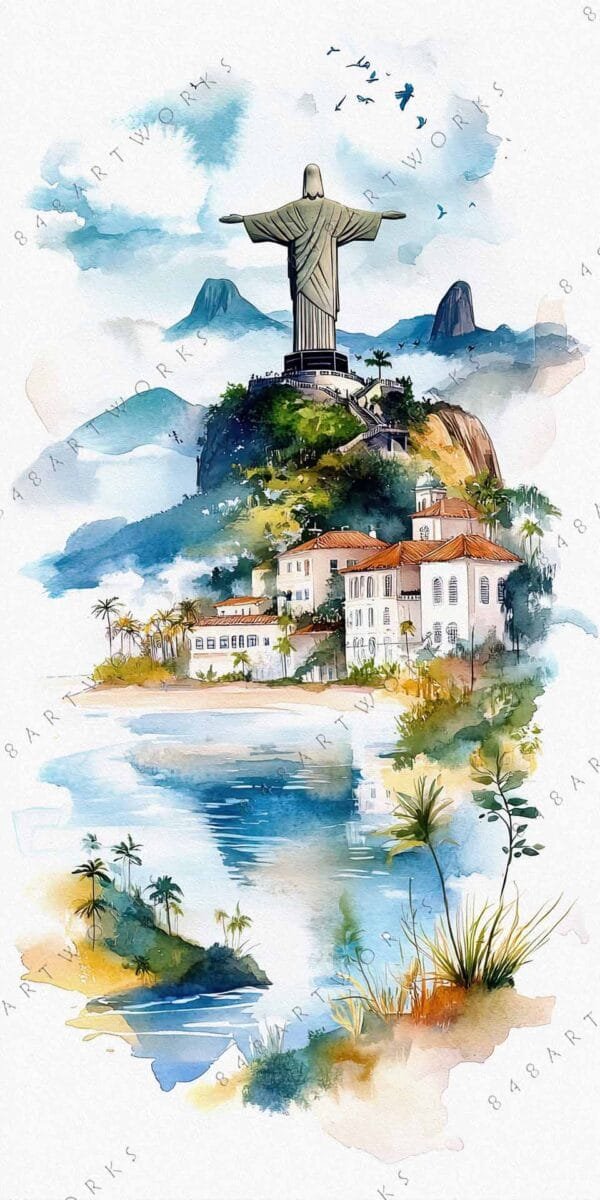 Watercolor painting of Christ the Redeemer statue overlooking Rio de Janeiro, lush greenery, blue sky.