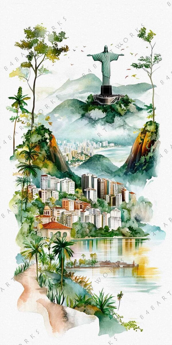 "Watercolor painting of a mountainous cityscape with a large statue and lush greenery."