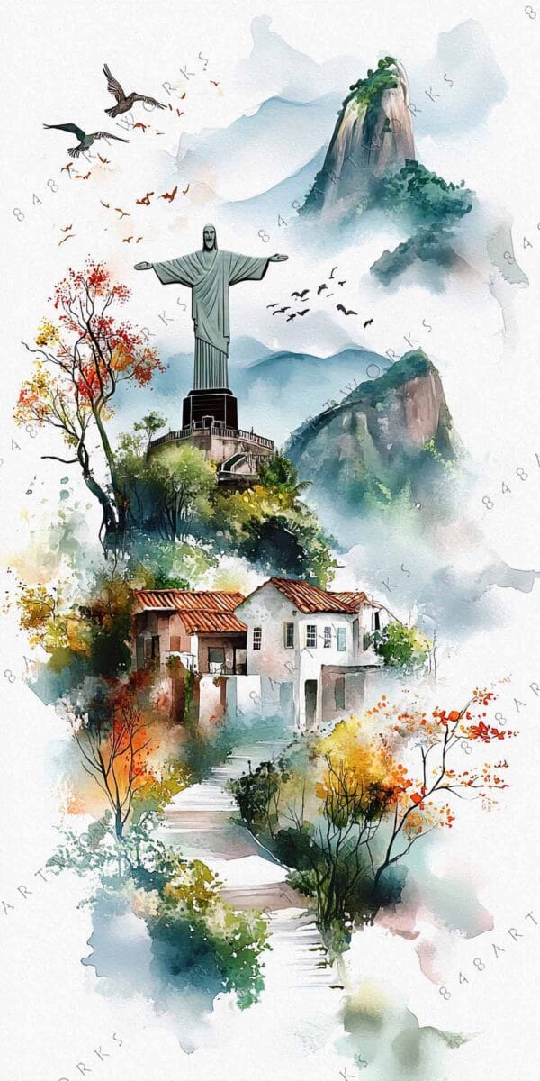 "Colorful watercolor painting of Christ the Redeemer with mountains, trees, and birds."