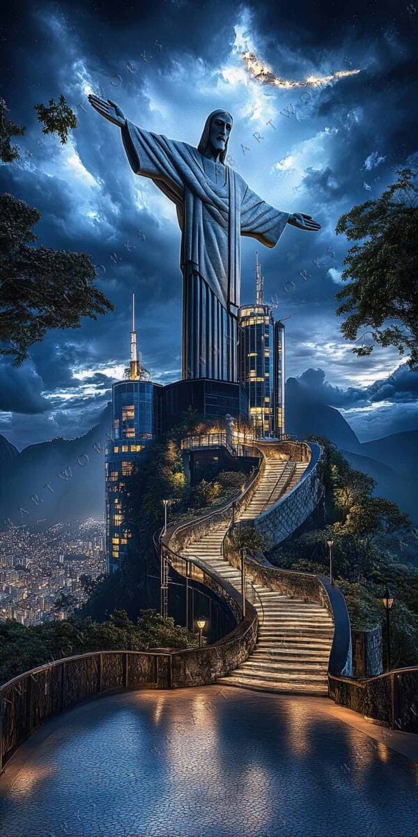 Digital painting of a grand statue at night with illuminated cityscape and dramatic clouds.