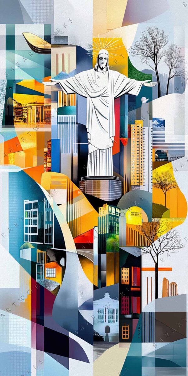 "Abstract digital art of Christ the Redeemer amid colorful geometric cityscape elements."