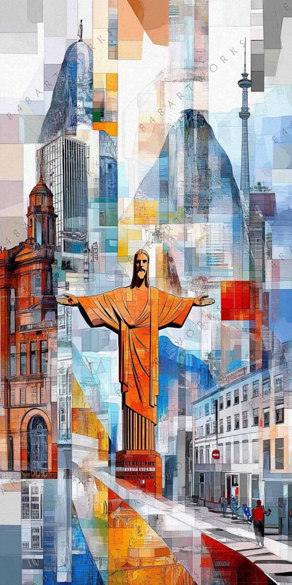 "Abstract digital collage of iconic architectural landmarks in vibrant orange and blue hues."