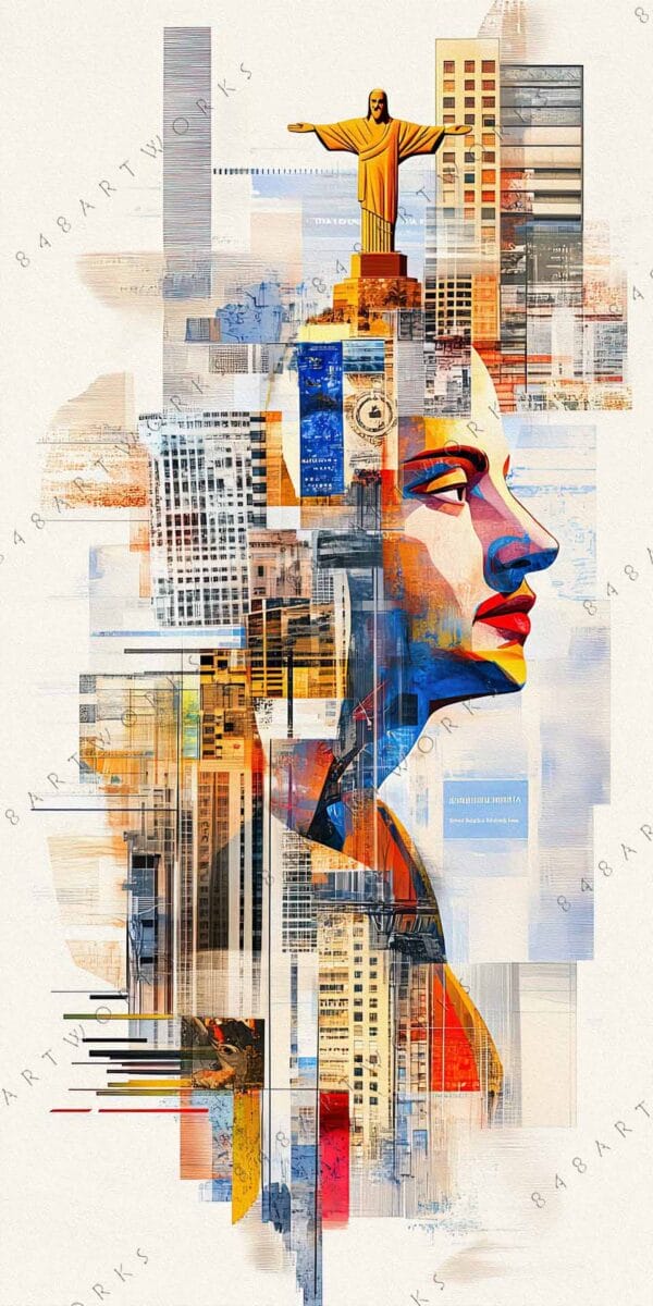 "Digital collage showing colorful urban buildings overlaid with a stylized statue and profile."