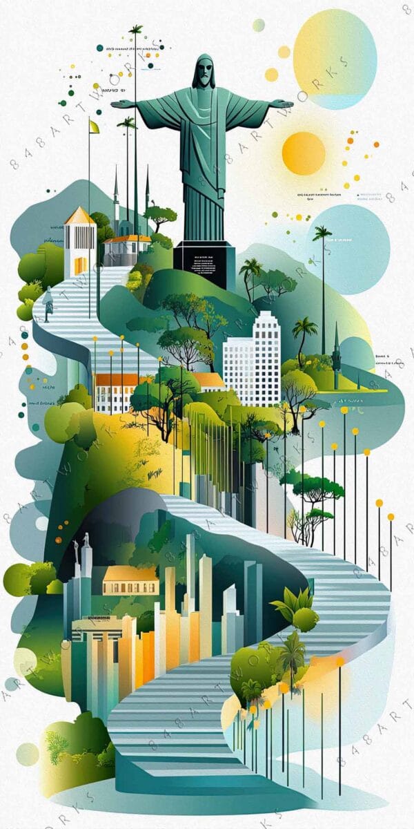 Illustrated cityscape with Christ the Redeemer, colorful buildings, and greenery; digital art.