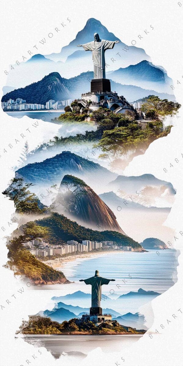 Digital collage of Rio de Janeiro landmarks with Christ the Redeemer, mountains, and coastline.