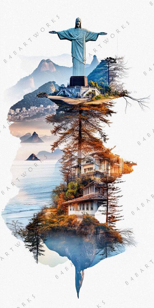 "Digital collage of Rio landmarks, floating in vibrant natural and urban scenery."