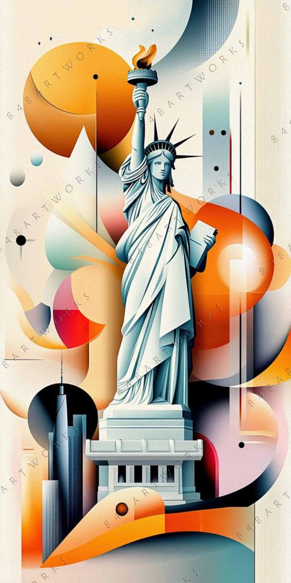 "Abstract digital art of Statue of Liberty with geometric shapes and warm color palette."