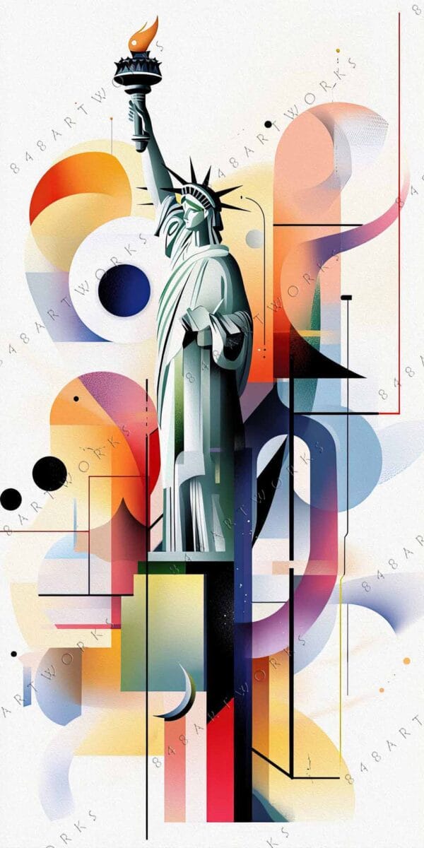 "Abstract digital art of Statue of Liberty with geometric shapes in vibrant colors."