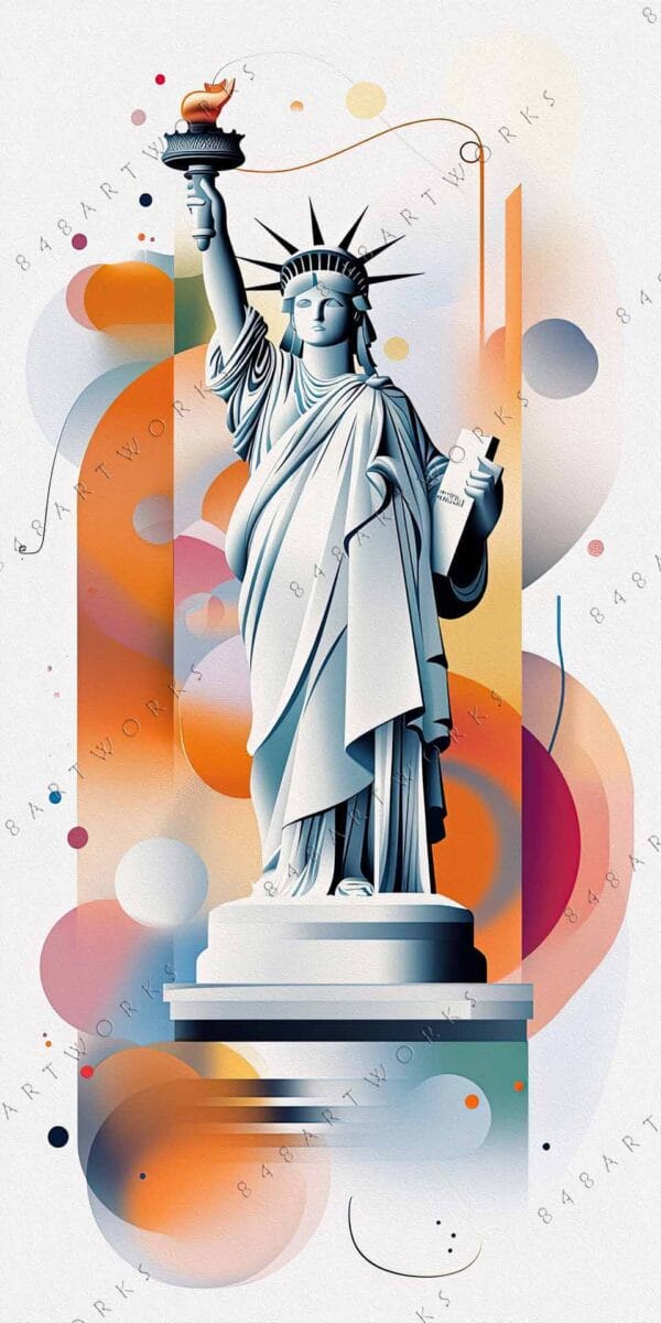 "Digital artwork of the Statue of Liberty with colorful abstract geometric background."