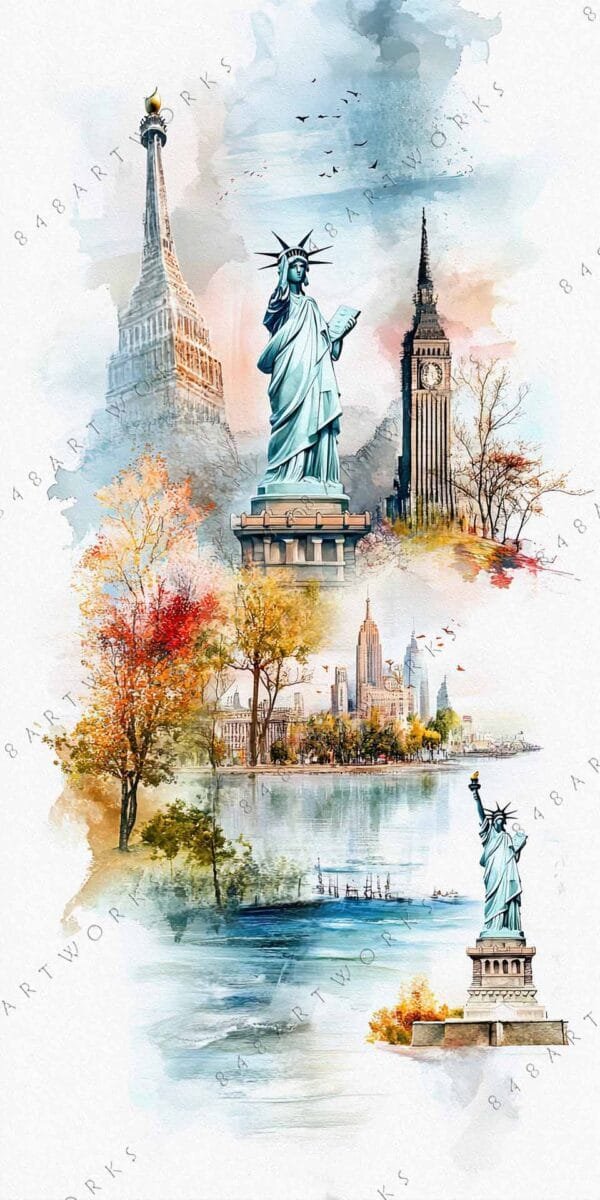 "Watercolor collage of iconic landmarks, including the Statue of Liberty and Eiffel Tower."