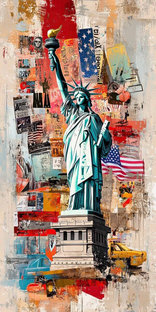 "Colorful digital collage featuring the Statue of Liberty and abstract urban textures."