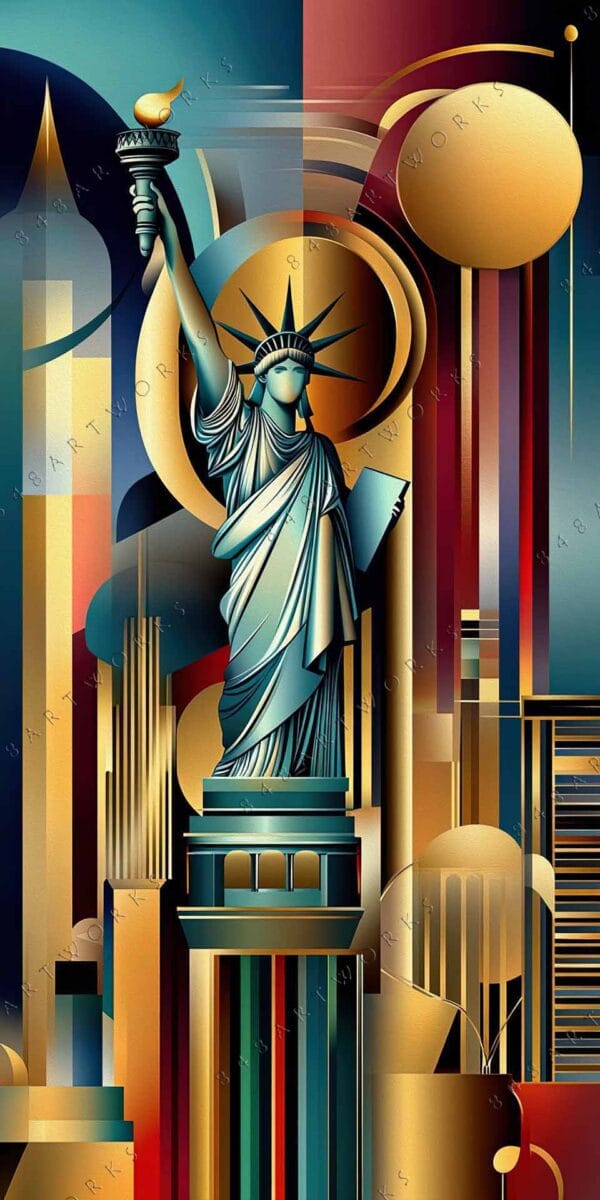 "Abstract digital art of Statue of Liberty in vibrant blue, gold, and red hues."