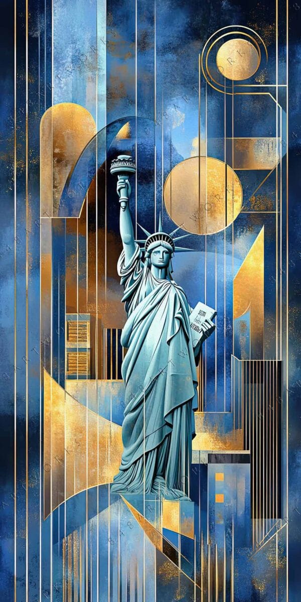"Art Deco digital painting of the Statue of Liberty in blue and gold hues."