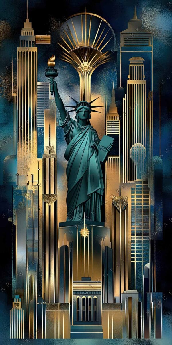 Art Deco digital artwork of the Statue of Liberty with stylized golden skyscrapers.