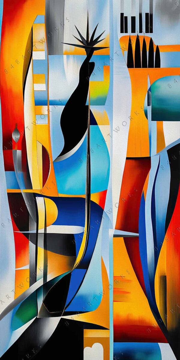 Abstract digital art with geometric shapes in blue, orange, and yellow tones.