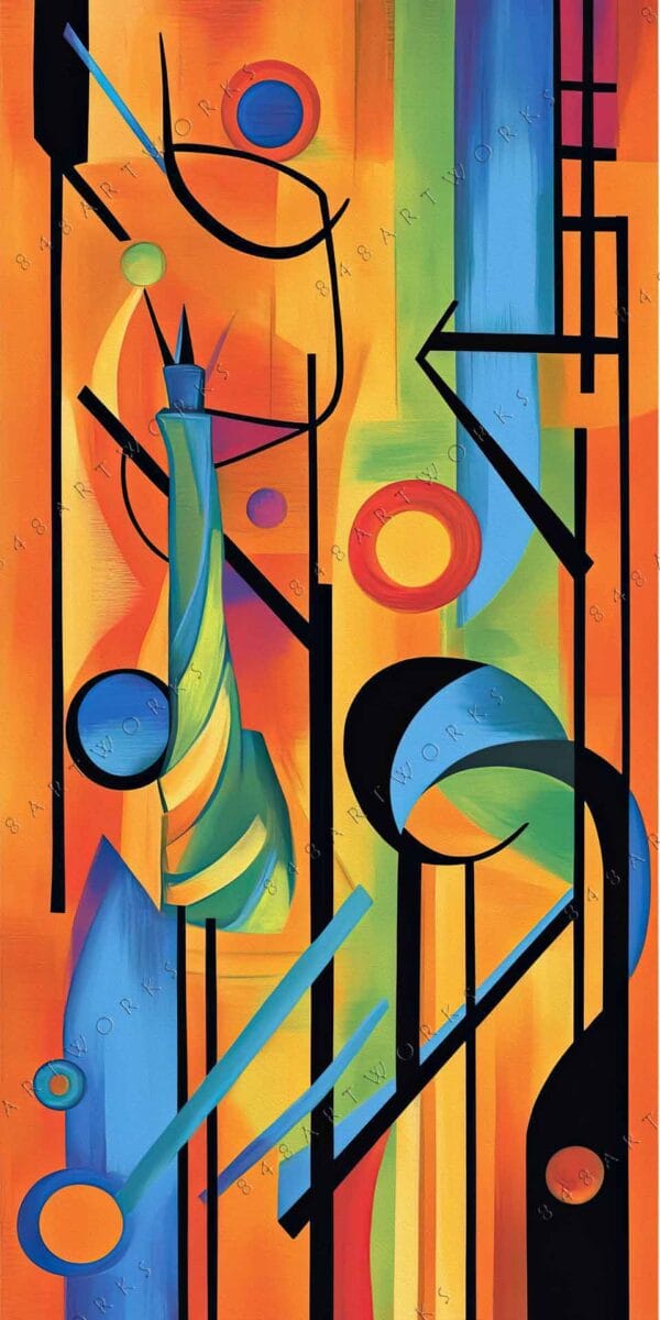 "Abstract digital artwork with vibrant orange, blue, and green geometric shapes and black lines."
