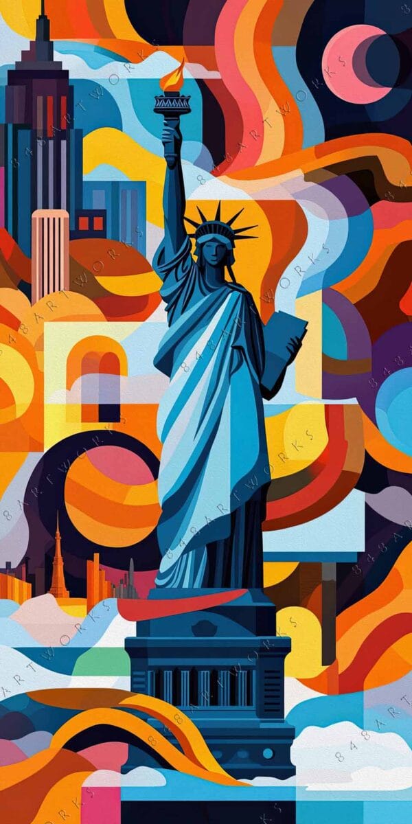 "Colorful digital illustration of the Statue of Liberty with abstract geometric patterns."