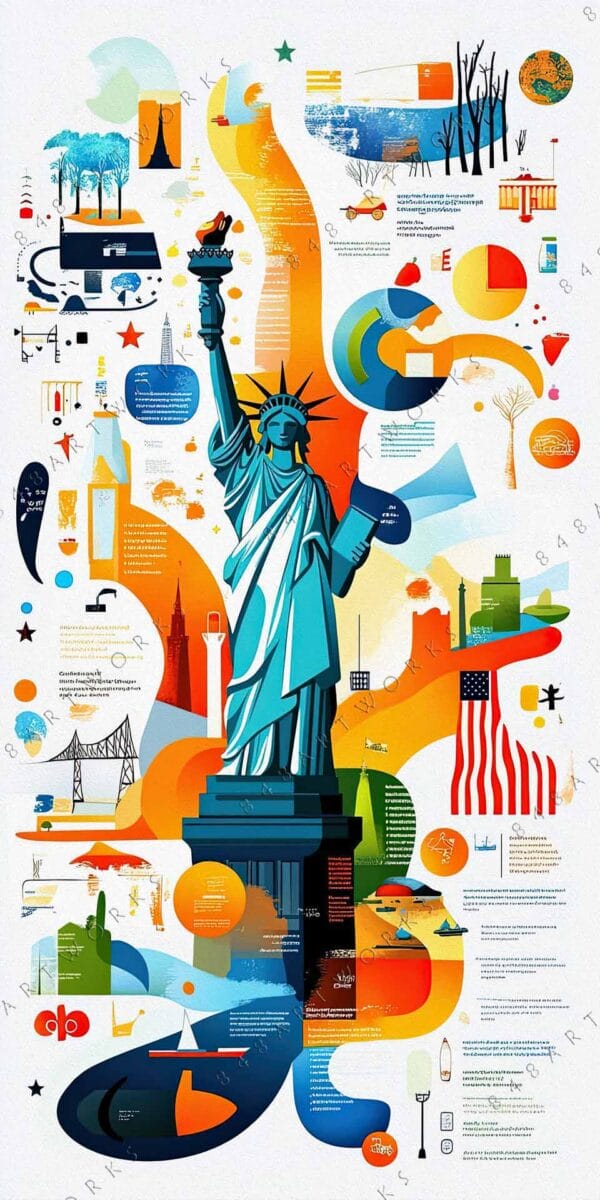 Colorful digital art of the Statue of Liberty surrounded by abstract symbols and icons.