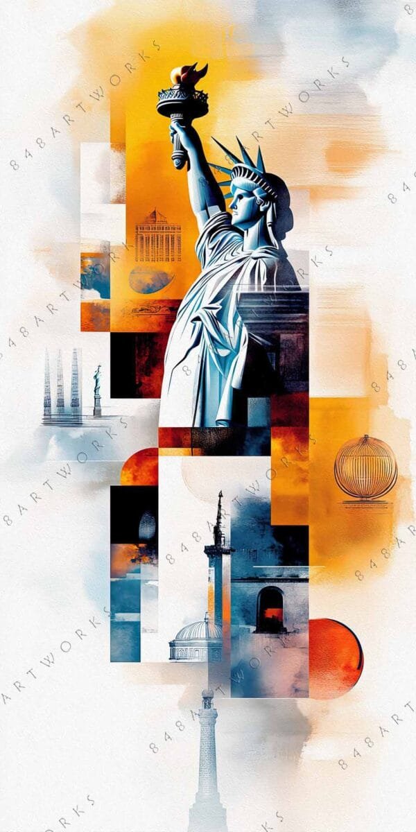 "Digital artwork of the Statue of Liberty with orange and blue abstract elements."