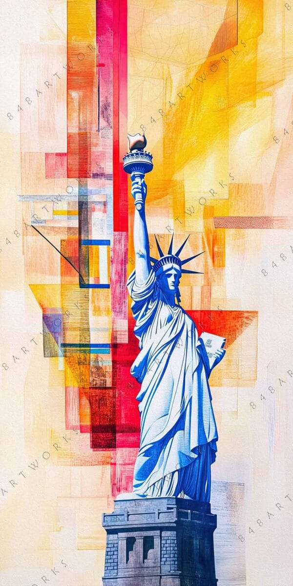 "Vibrant digital art of Statue of Liberty with colorful geometric background."