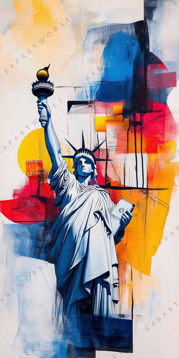 Abstract digital painting of the Statue of Liberty with vibrant red, blue, and yellow hues.
