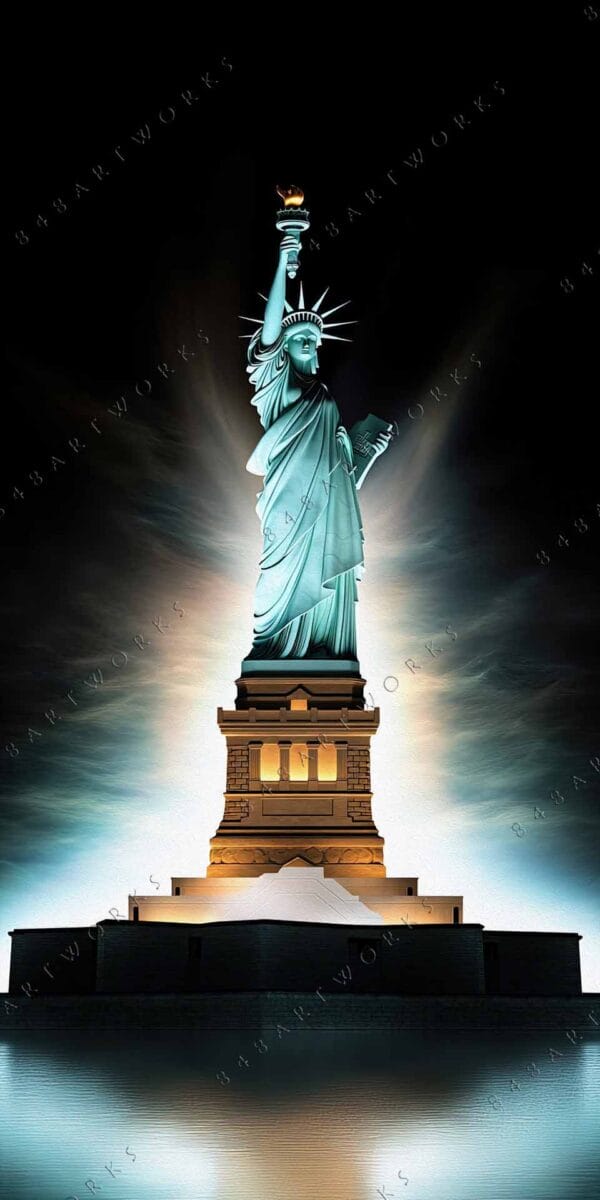 Digital artwork of the Statue of Liberty illuminated against a dark sky with water reflections.