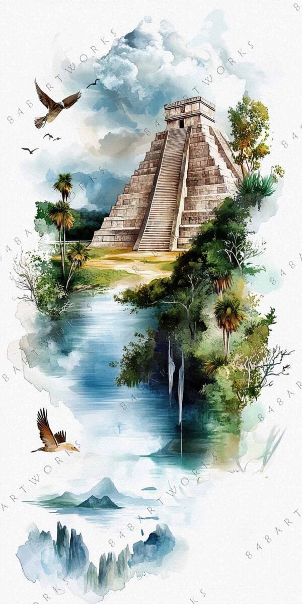 "Digital watercolor of a pyramid amidst lush greenery and birds in flight."
