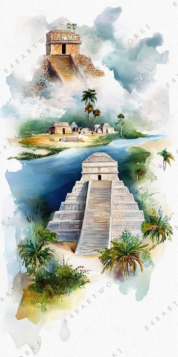 Watercolor painting of Mayan pyramids and temples surrounded by tropical greenery.