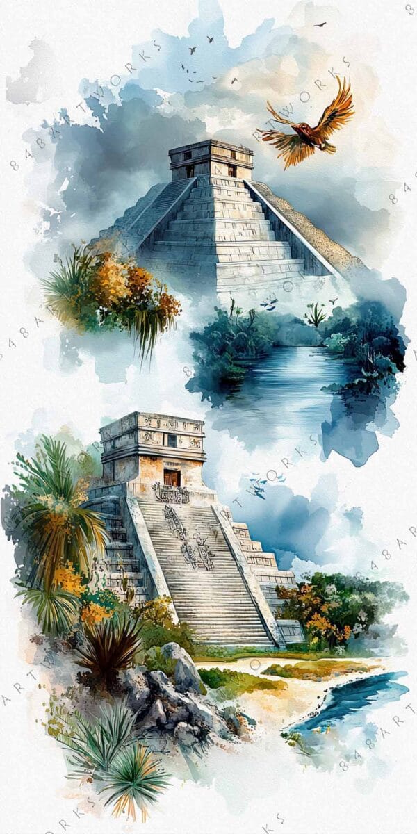 "Watercolor painting of Mayan pyramids with surrounding greenery and a soaring bird."