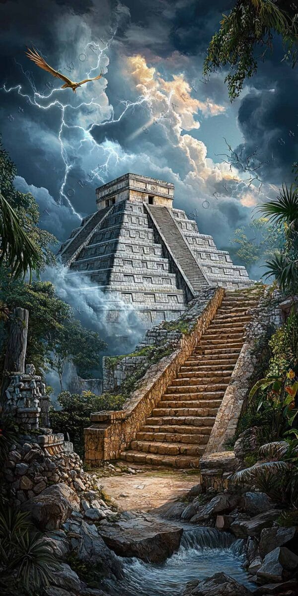 "Dramatic digital art of a pyramid amid stormy skies and lightning."