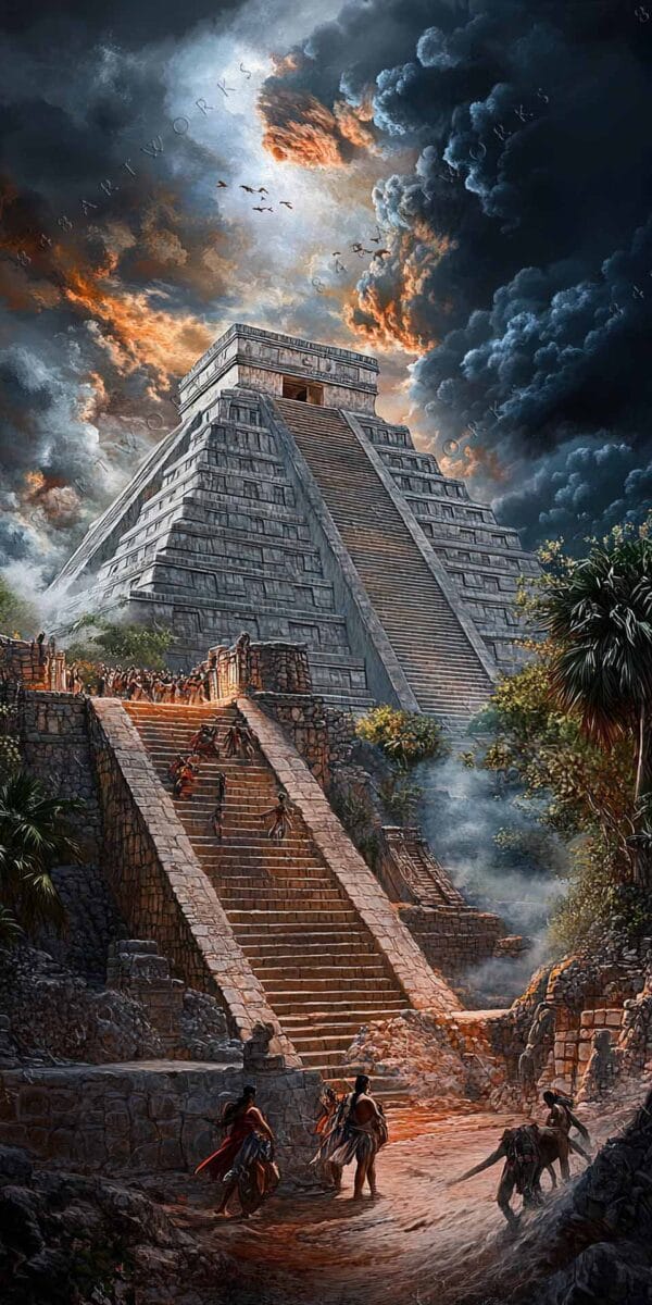 "Digital painting of an ancient pyramid under dramatic cloudy skies with orange highlights."