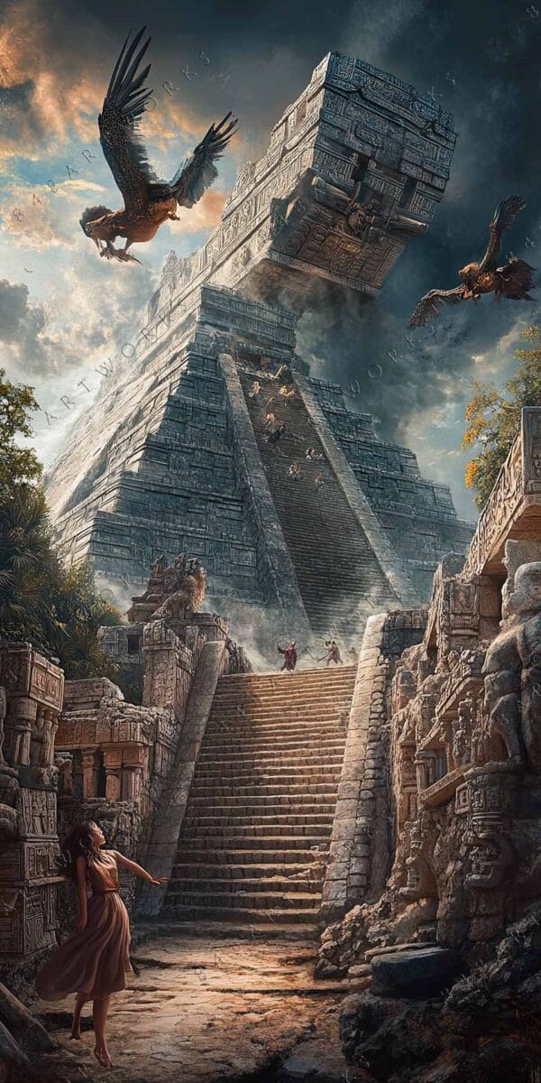 "Fantasy digital art of an ancient pyramid with flying creatures and dramatic clouds."