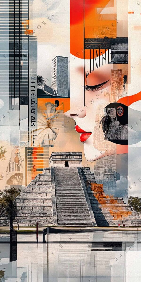 "Abstract digital art blending architectural elements and a woman's profile in orange and gray hues."