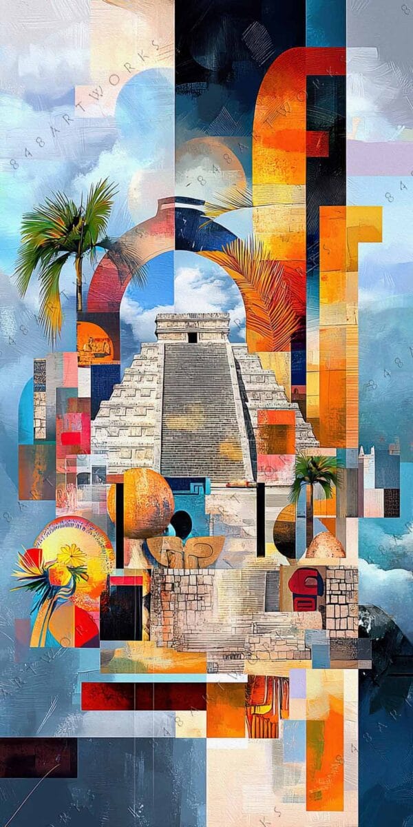 "Abstract digital art of a pyramid with bold geometric shapes and vibrant colors."