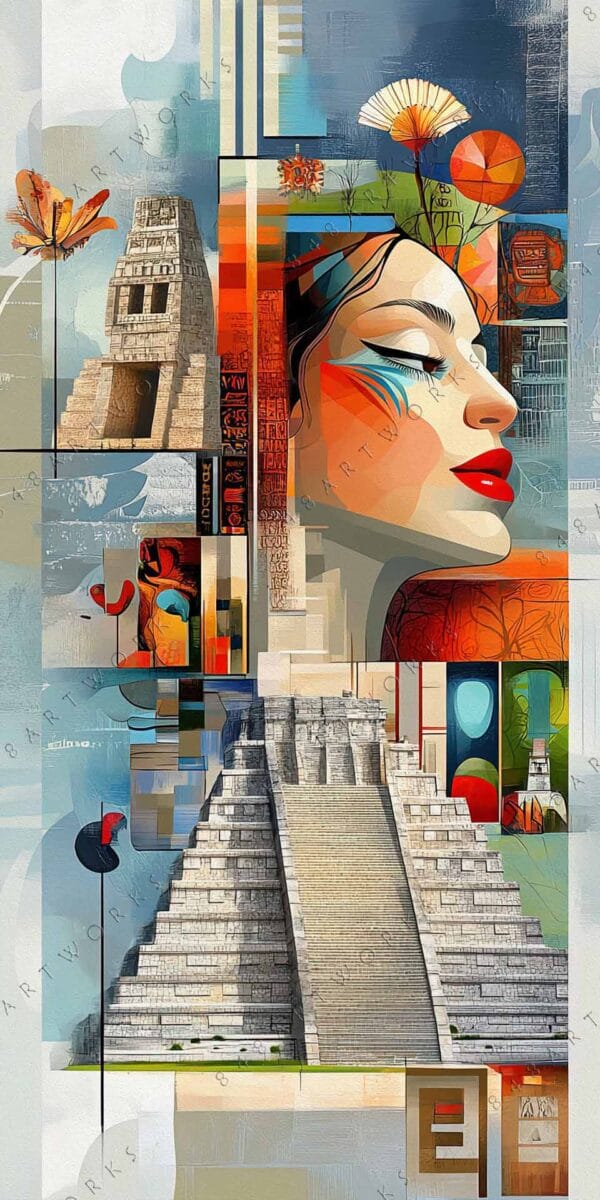 Cubist digital artwork featuring a woman's profile, ancient architecture, and bright geometric patterns.