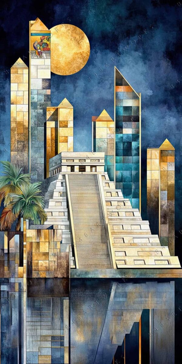 "Geometric digital painting of a Mayan pyramid with skyscrapers under a golden sun."
