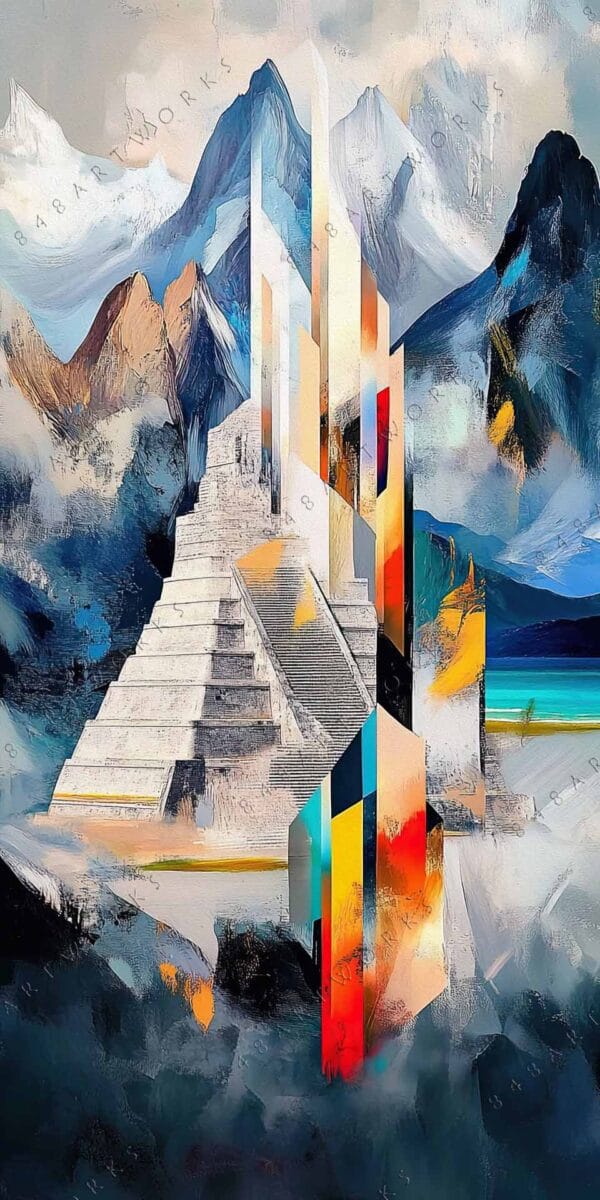 Abstract digital painting of a futuristic structure with mountains, in vibrant blue and orange shades.
