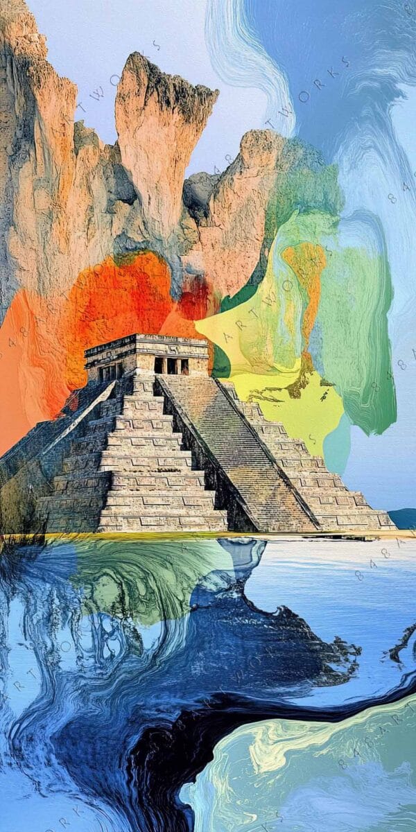 "Abstract digital art of a pyramid with colorful, swirling background."