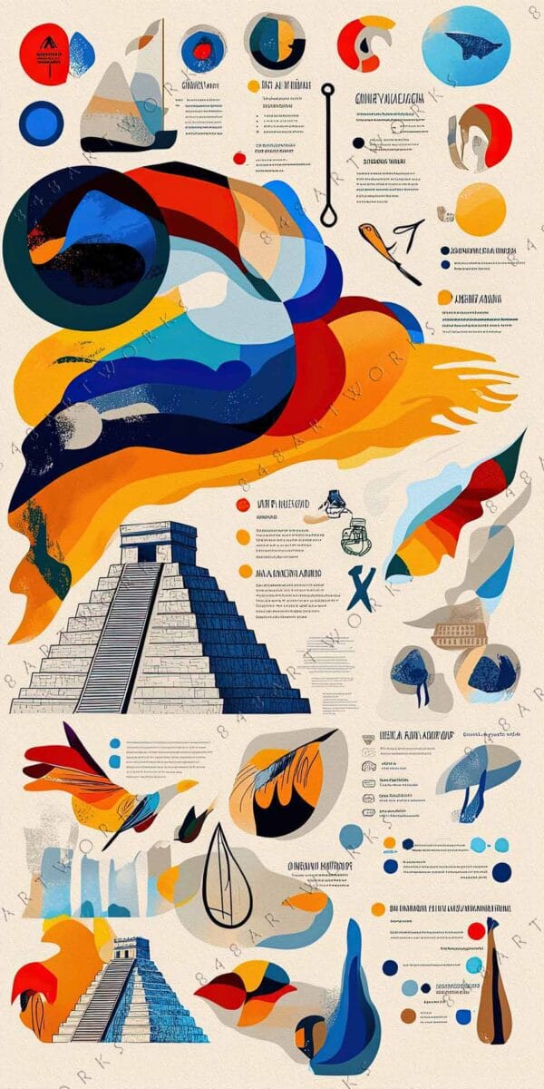 Abstract digital collage with geometric shapes and Mayan pyramid in blue, orange, and red.