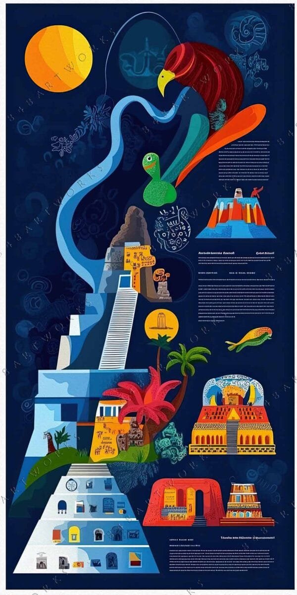 Colorful digital illustration of ancient Mesoamerican structures with vibrant plants and animals.