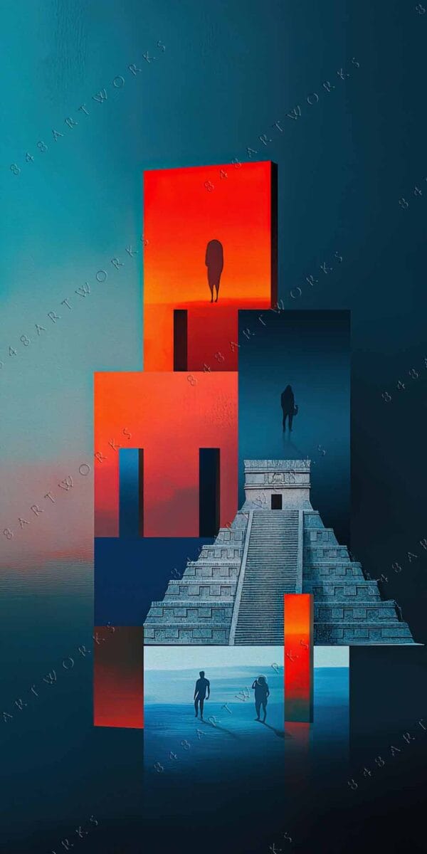 "Surreal digital artwork of geometric monoliths and pyramid with teal, orange, and blue tones."