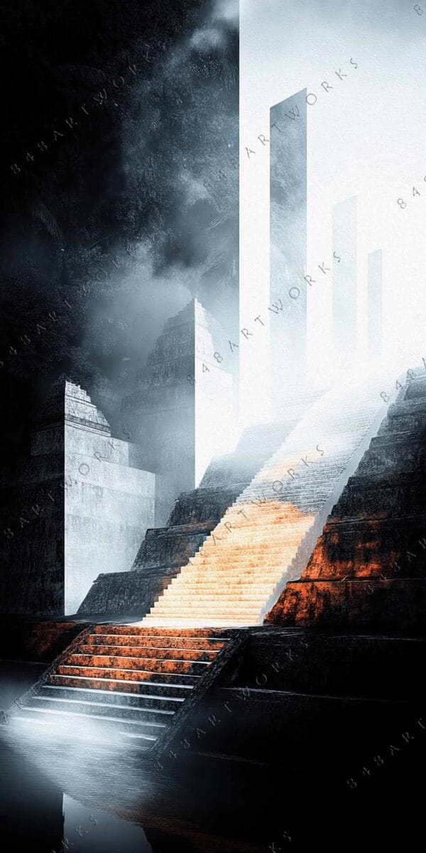 "Surreal digital art of illuminated steps leading to abstract white monoliths in mist."