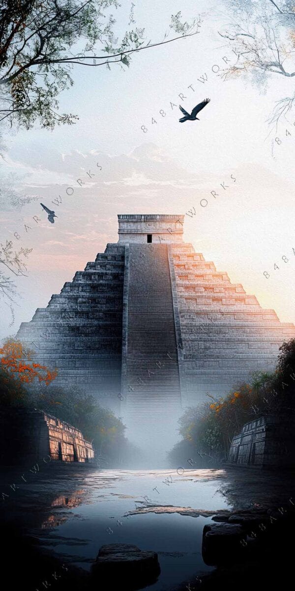 "Digital painting of ancient stone pyramid in a misty forest with birds in flight."