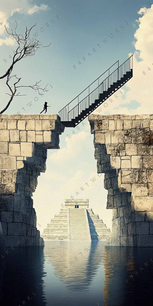 "Surreal digital art of ancient ruins, suspended staircase, and pyramid reflecting on water."