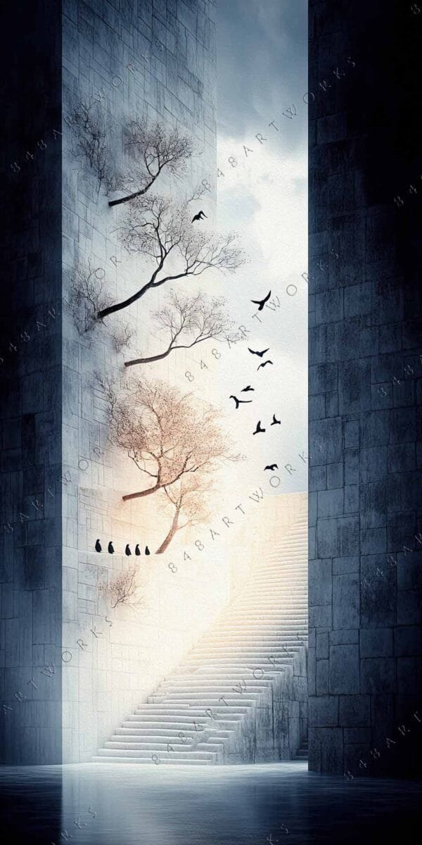 Surreal digital artwork of trees and birds against gray stone walls with a staircase.