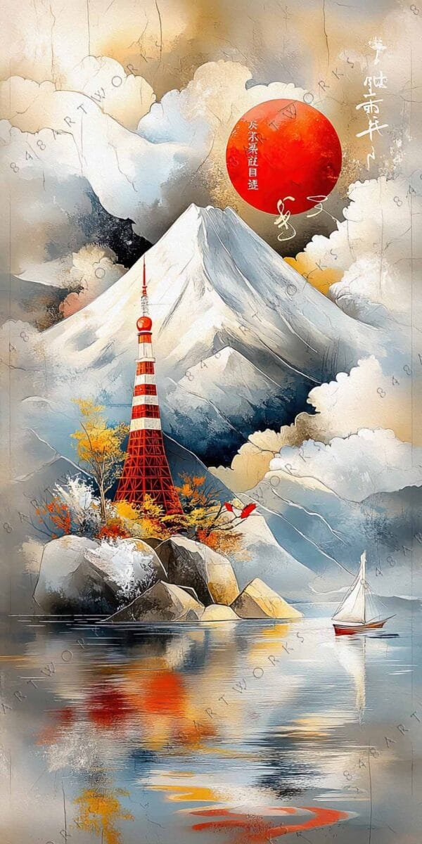 "Digital painting of a mountain with a red tower, sun, and sailboat on water."