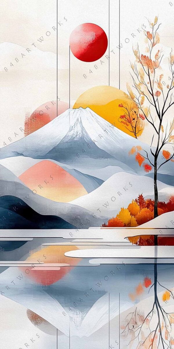 "Digital painting of a stylized mountain landscape with autumn trees and orange sun."